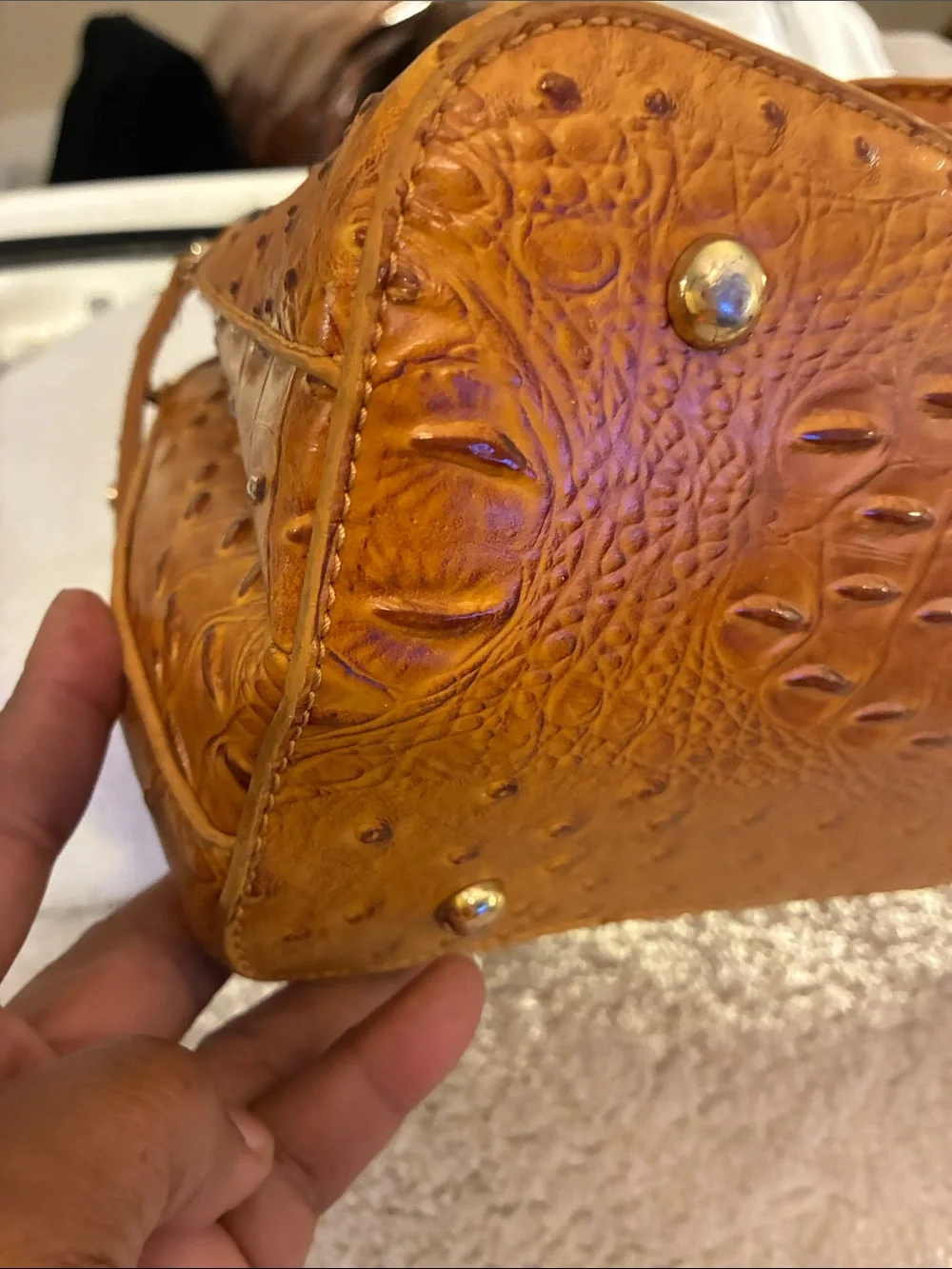 Unbranded Classic Textured Dome Satchel in Cognac Brown-faux ostrich leather